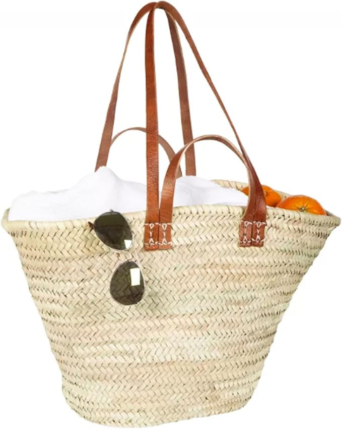 FRENCH BASKET with double flat leather handles, straw bag, beach bag, basket bag, shopping basket... | Amazon (US)