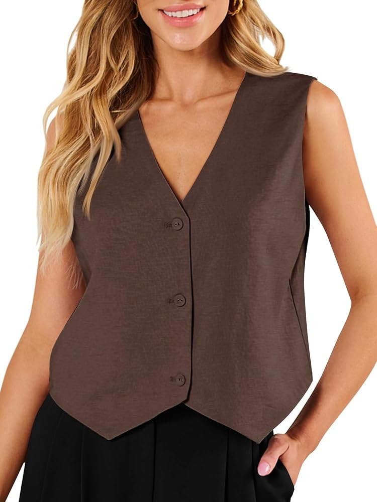 AUTOMET Womens Vests Crop Tank Tops 2024 Linen Button Casual Blazer Suit Spring Outfits Waistcoat... | Amazon (US)