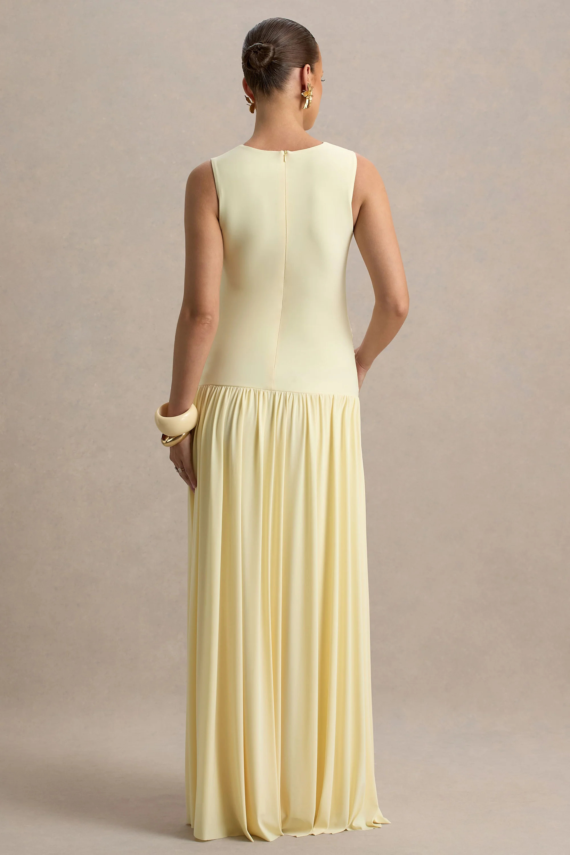 Outline | Lemon Crew-Neck Maternity Maxi Dress With Pleated Skirt | Club L London