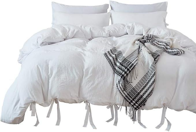 M&Meagle Duvet Cover White,Solid Color Bowknot Design,100% Microfiber Treated by Washed Cotton Pr... | Amazon (US)