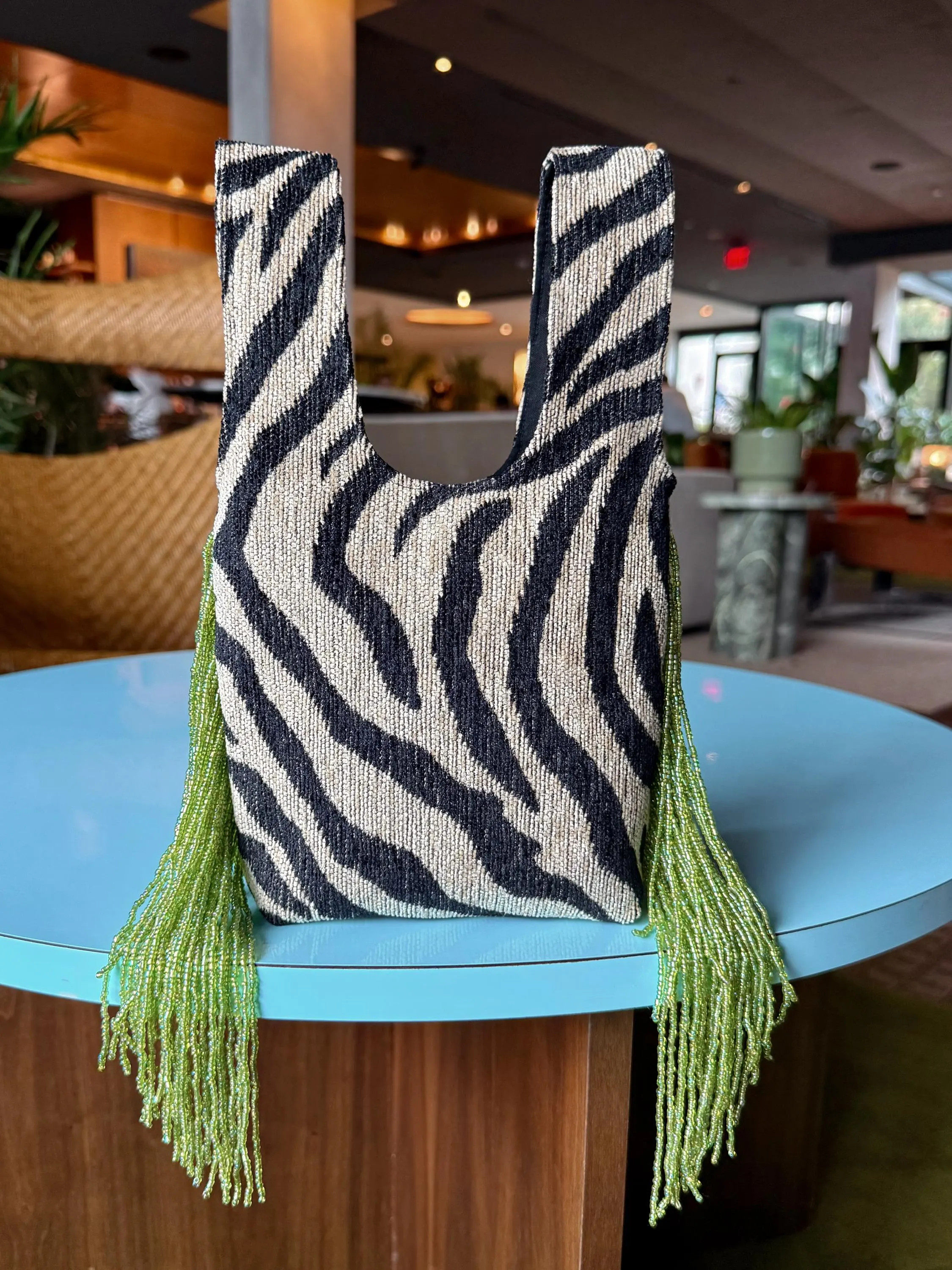 Zebra Print Mini Handbag Flat Bottom Bag with Lime Fringe Beaded Side Trim | Etsy (Global)