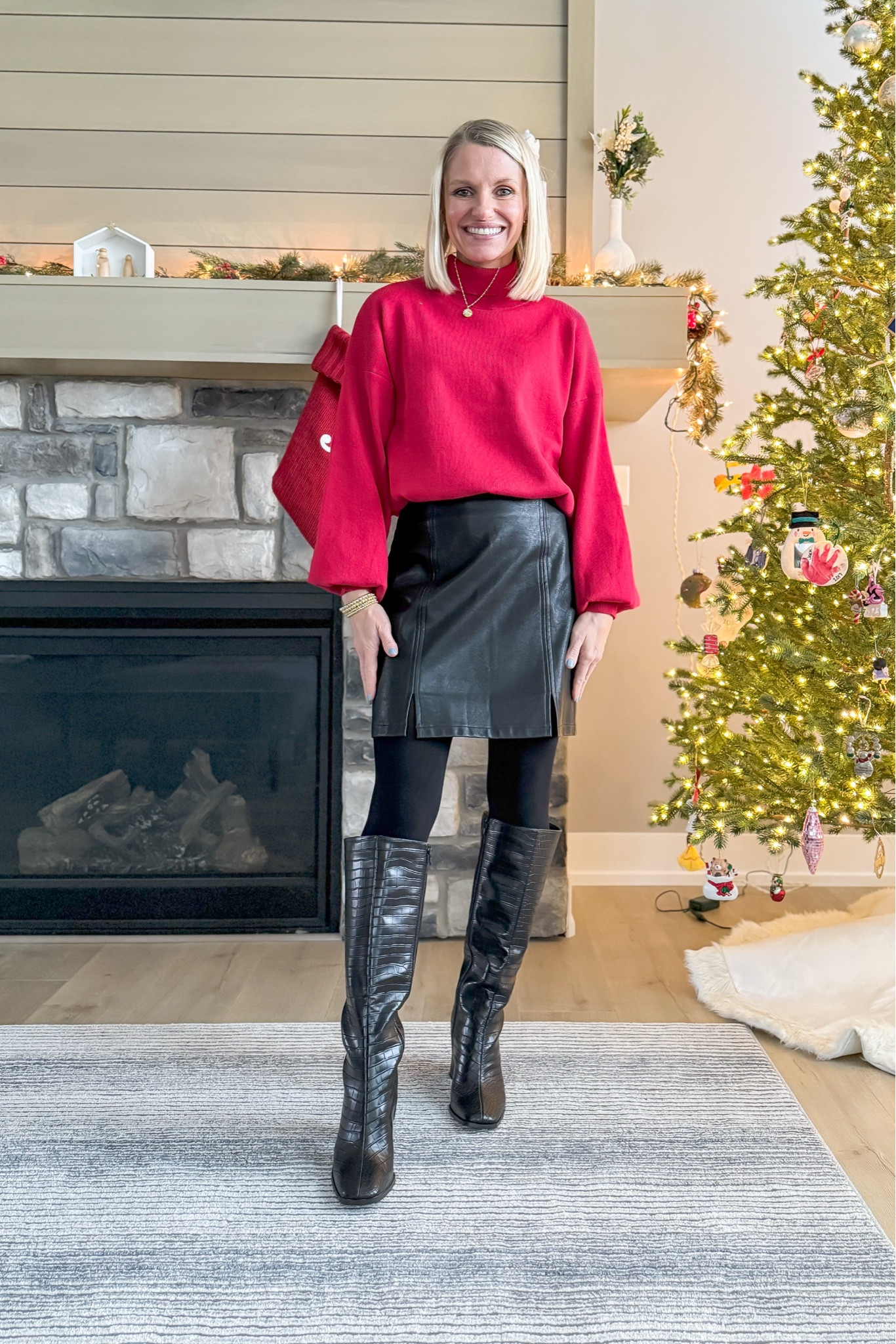 Faux leather skirt and red sweater. This makes a great holiday outfit! Skirt- small || sweater- xsmall 

#LTKSeasonal #LTKHoliday #LTKStyleTip