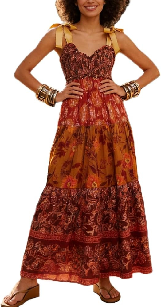 Women Summer Dresses Flowy Smocked Maxi Dress Sleeveless Tie Shoulder Boho Dresses Y2K Floral Bea... | Amazon (US)