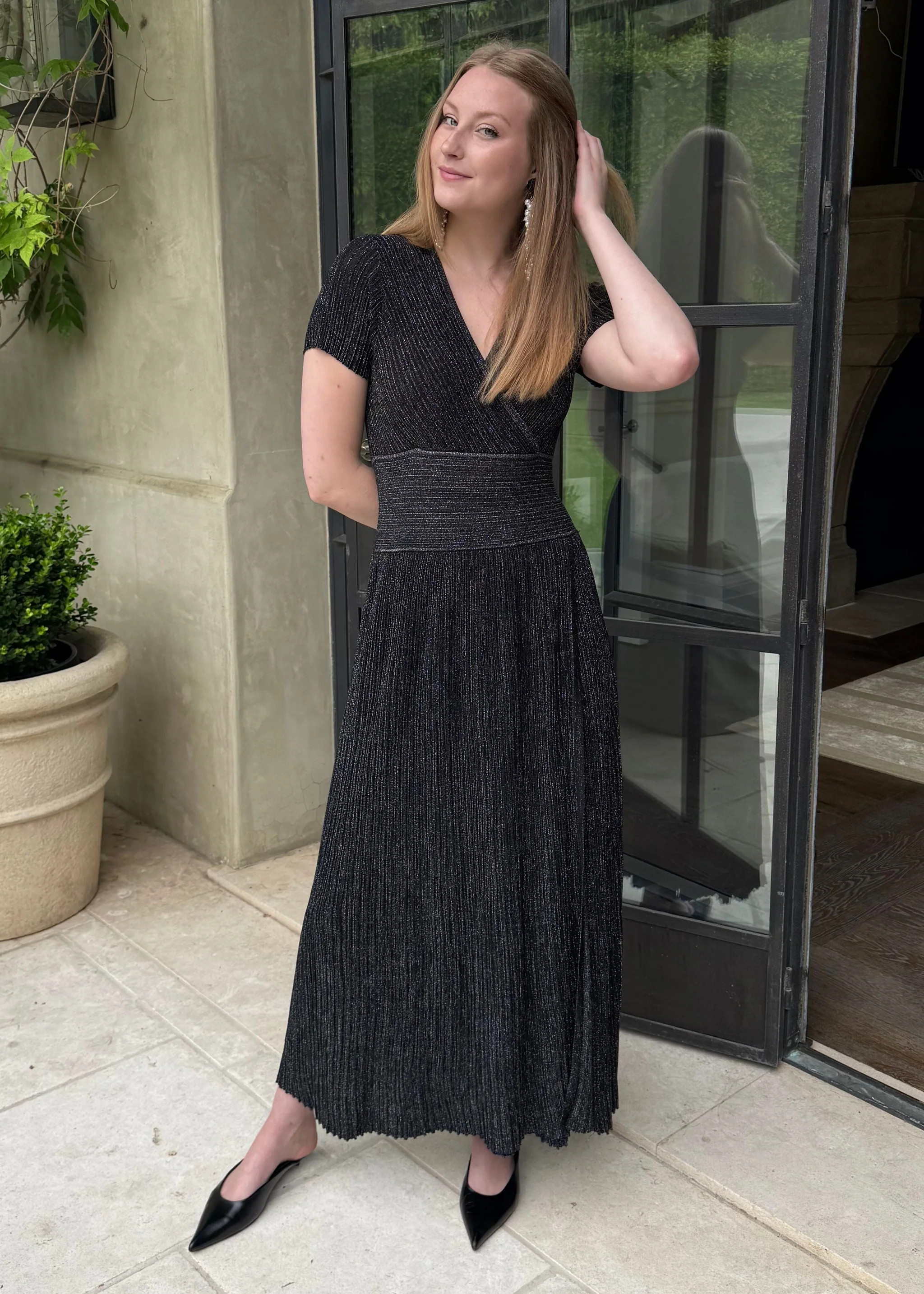 Estelle Shimmering Black Pleated Short Sleeve Midi Dress | Benaar La