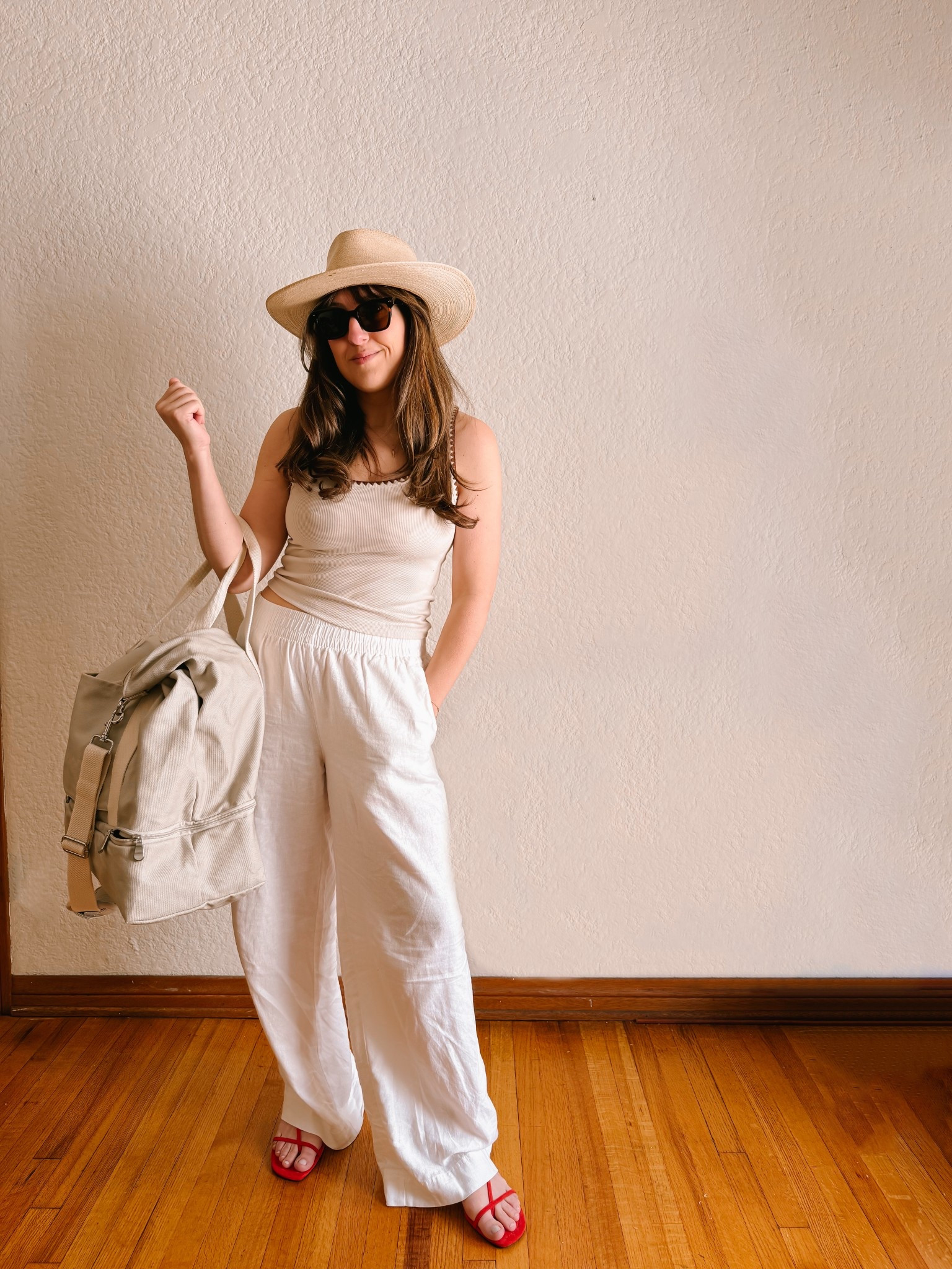 Linen pants , weekender bag, strappy sandals 