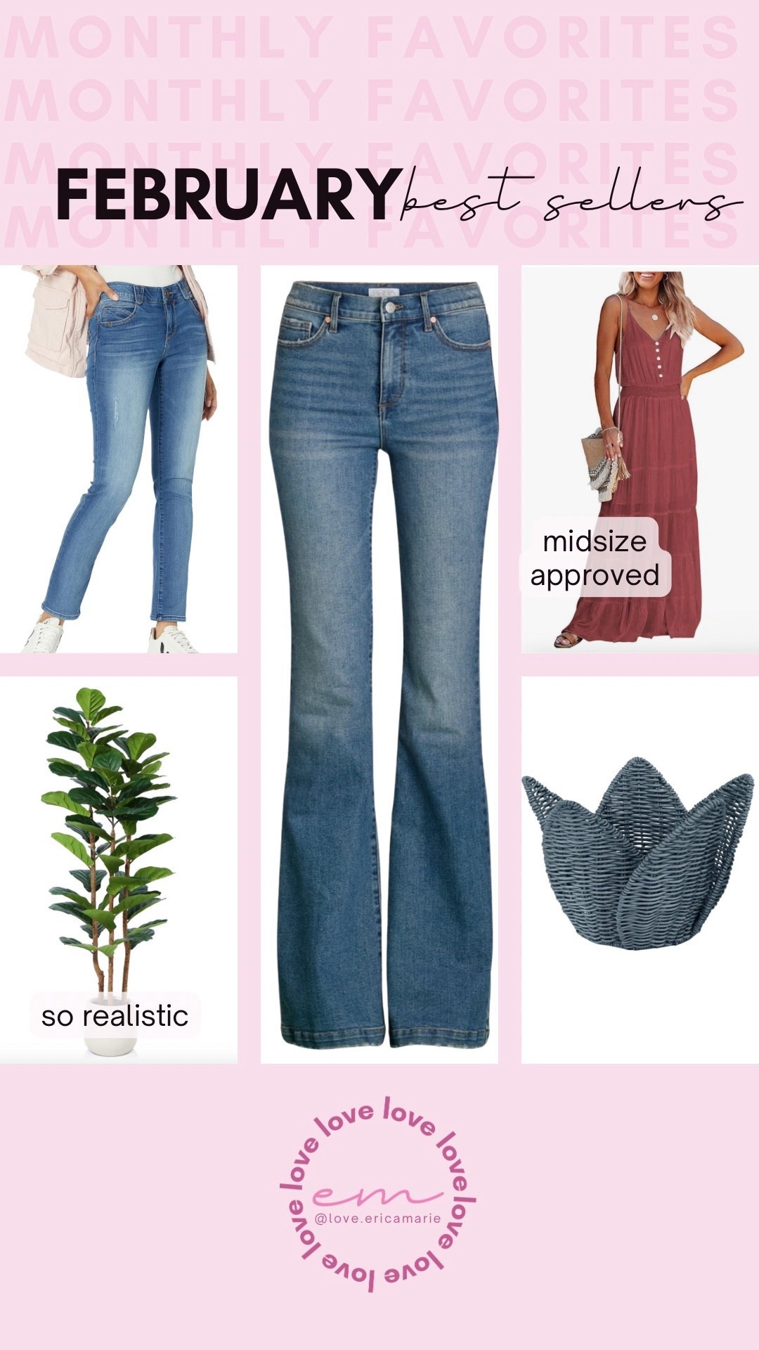 Bestsellers of February:
The viral Walmart flare leg jeans; Amazon button front dress, incredibly realistic faux fig tee, straight leg jeans and the cutest tulip basket from Target. 
Midsize approved jeans, realistic looking plants, spring break dress

#LTKMidsize #LTKOver40 #LTKSeasonal