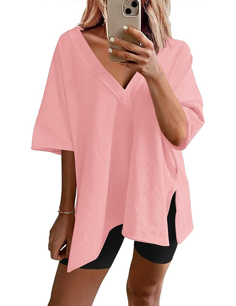 Ekouaer Womens Pajamas 2 Piece Lounge Sets Oversized V Neck T-Shirts Tops Biker Shorts Set Workou... | Amazon (US)