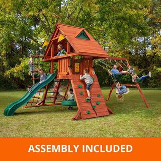 Pro Assembled Sun Palace II Wood Backyard Playset with Monkey Bars, Tire Swing, Swing Set, and Playground Accessories | The Home Depot