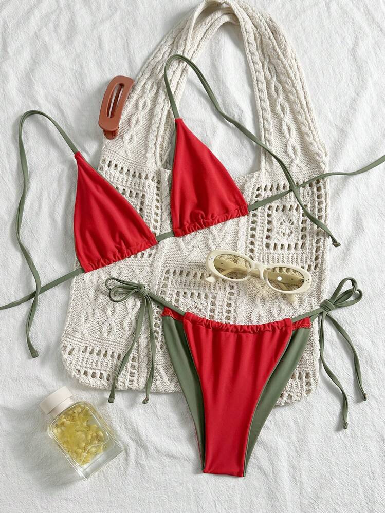 Swim SXY Women's Solid Color Tie Side Sexy Micro Triangle Bikini Set For Summer Beach | SHEIN