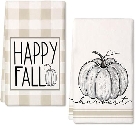 GEEORY Fall Kitchen Dish Towels Set of 2 for Fall Decor,Happy Fall Beige Plaid Printed Pumpkin 18... | Amazon (CA)