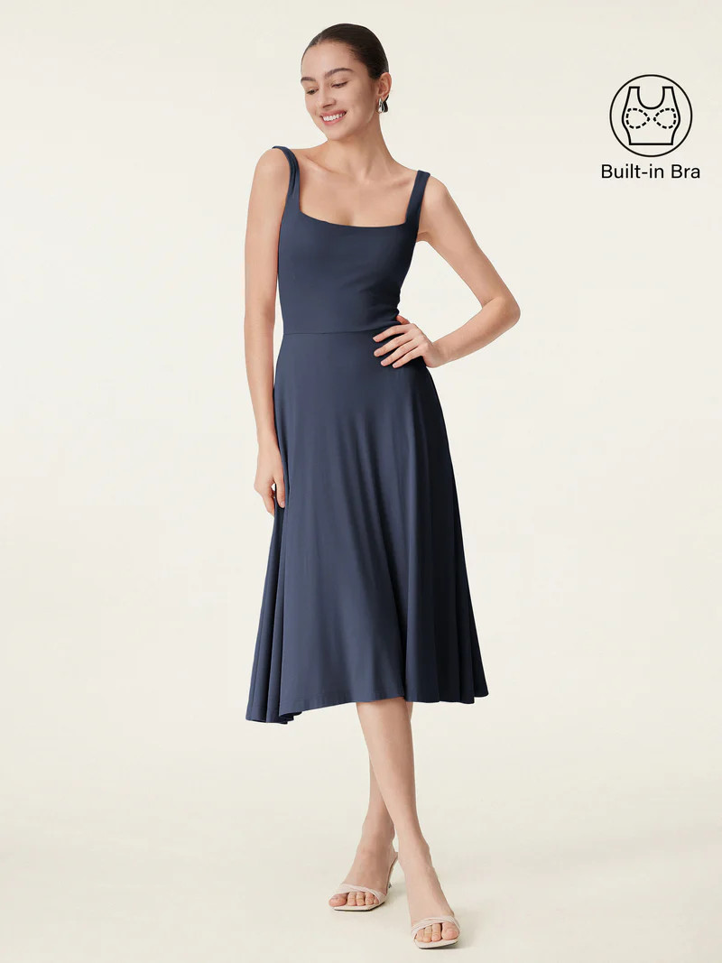 Square Neck Flowy New Airy Bra Midi Dress | OGLmove