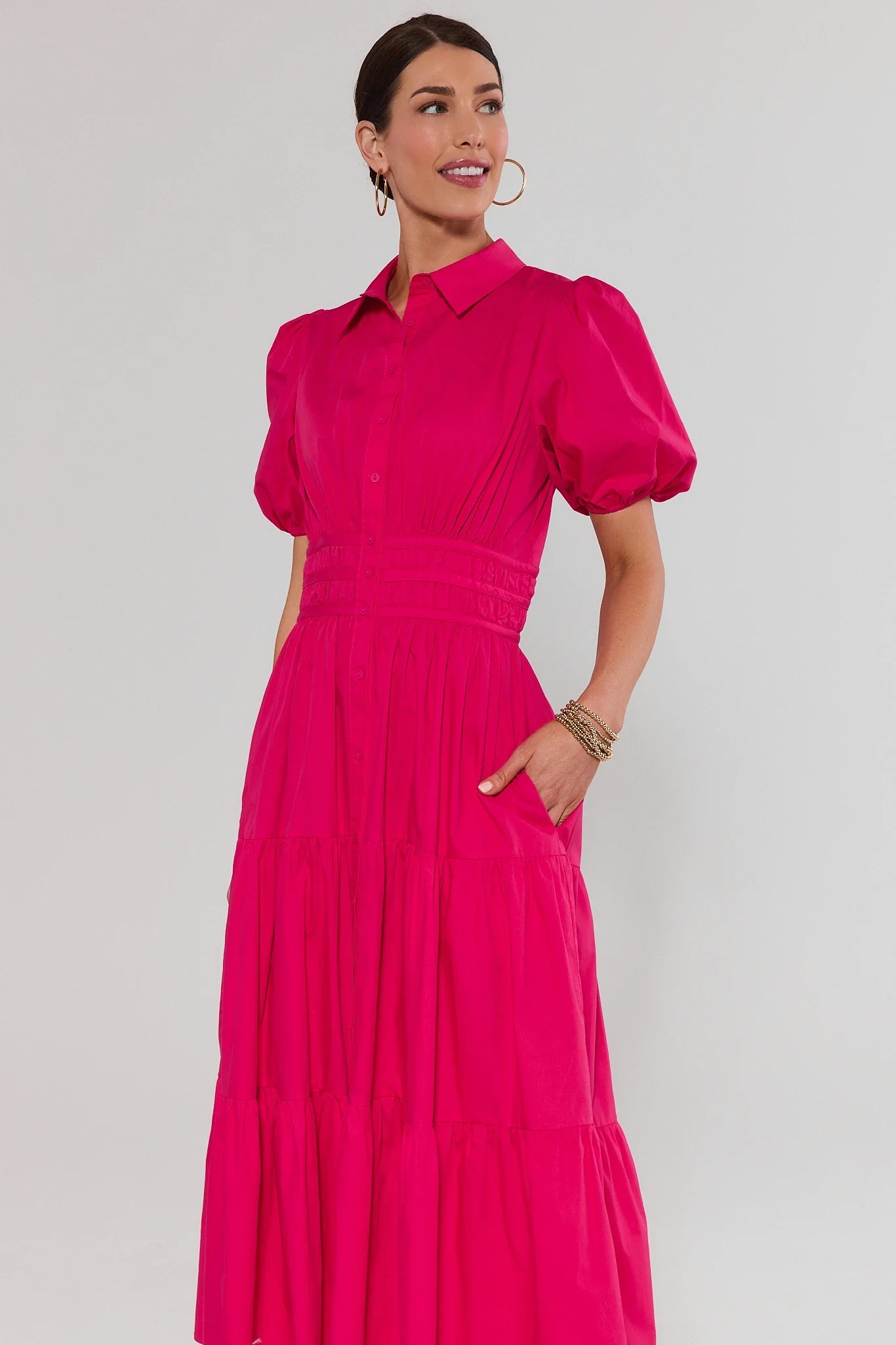 Pink Tiered Button Up Midi Dress | Avara