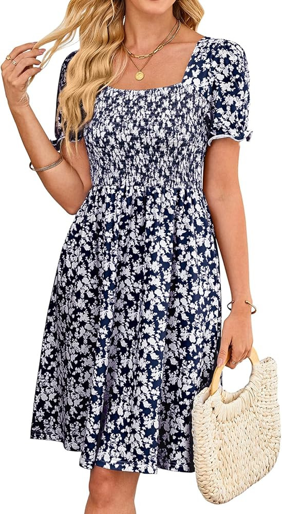 Naggoo Women's Summer Dresses Puff Short Sleeve Square Neck Casual Boho Floral Smocked A Line Flo... | Amazon (US)