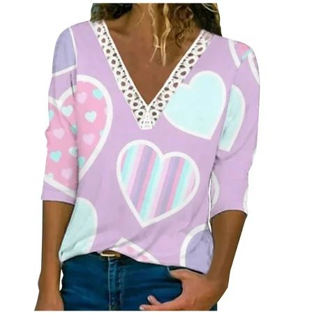 Valentines Day Tshirt Women Heart Print Long Sleeve Tees Tops Lace Trim V Neck Casual Comfy Tunic Bl | Walmart (US)