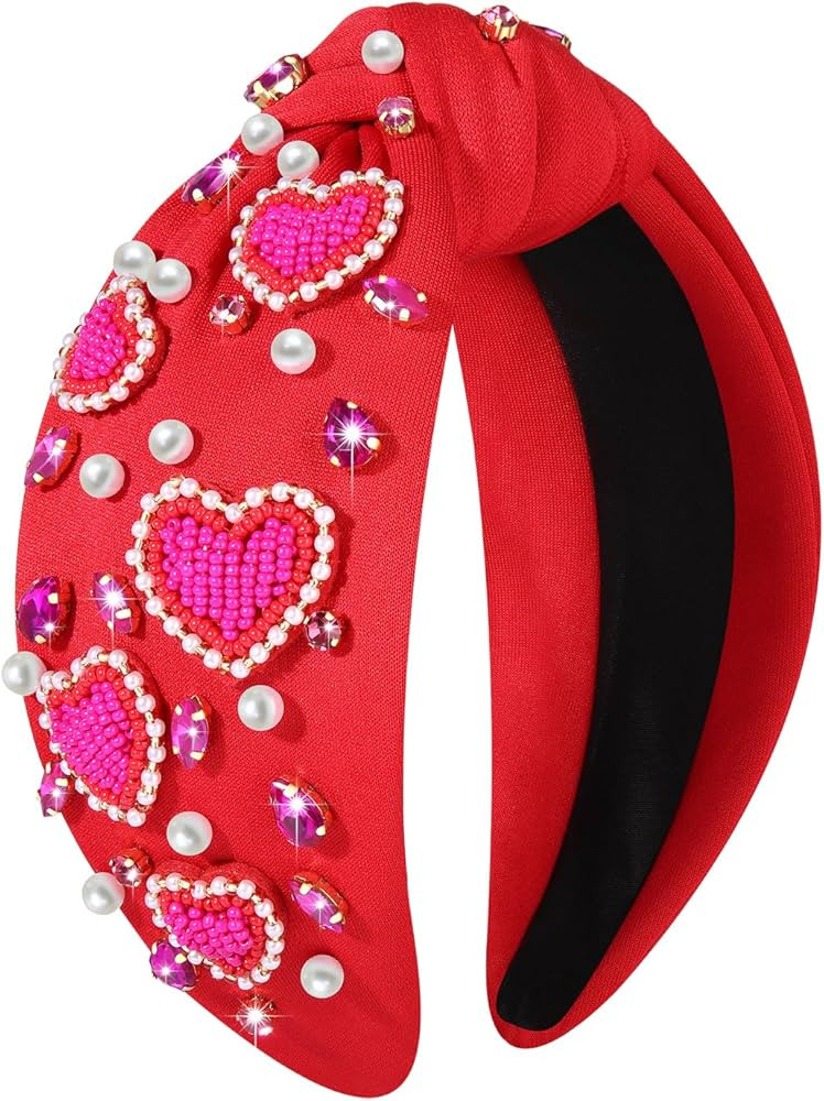 CEALXHENY Valentine’s Day Headbands Accessories for Women Hot Pink Beaded Heart Headband Heart ... | Amazon (US)
