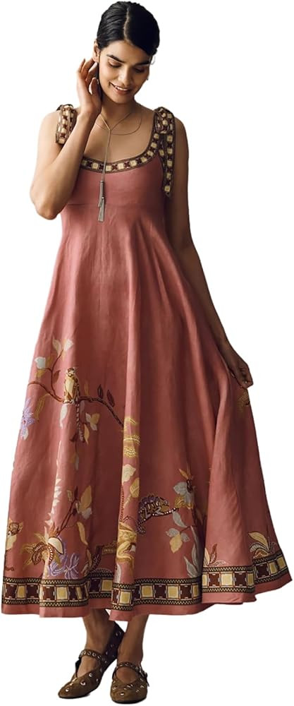 Women's Floral Animal Print Maxi Dress, Sleeveless Tie-Strap A-Line Midi Dress with Pockets, Dust... | Amazon (US)