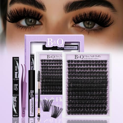 B&Q Fluffy Lash Clusters Kit UltraSoft Cluster Eyelash Extensions, 200D Volume Eyelash clusters 10-18mm Lash Extension Kit, D Curl Individual Lashes kit with lash Applicator Tool (200D Set) | Amazon (US)
