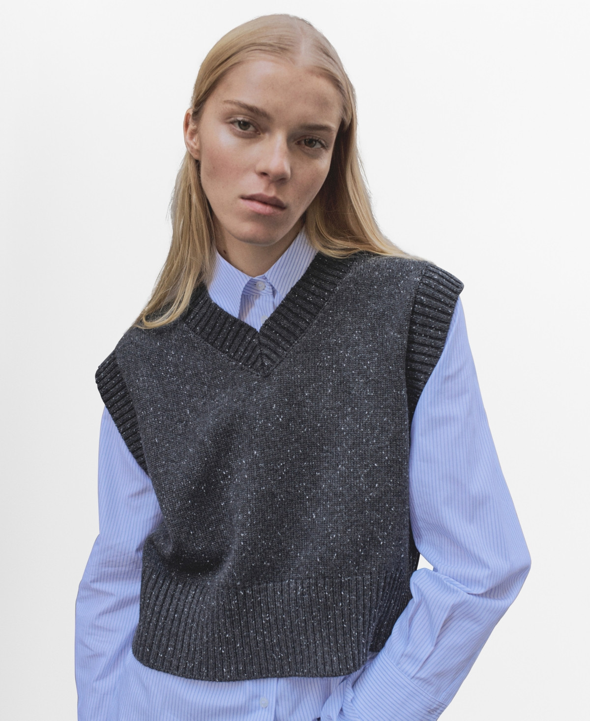 Mango Women's V-Neck Knitted Sweater Vest - Medium Heather Gray | Macy's