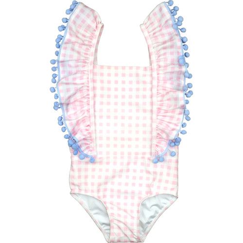 Pink Check Pom Pom Lycra Swimsuit - Shipping Mid-June | Cecil and Lou