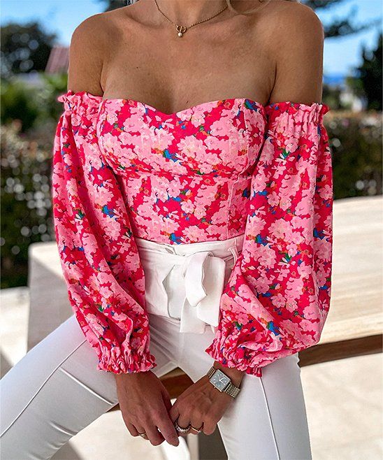 Red & Pink Floral Puff-Sleeve Off-Shoulder Top - Women | Zulily