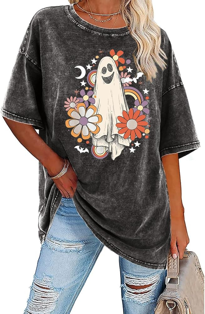 Halloween Shirts for Women Halloween Ghost Shirt Halloween Fall Shirt Retro Oversized T Shirts Sh... | Amazon (US)