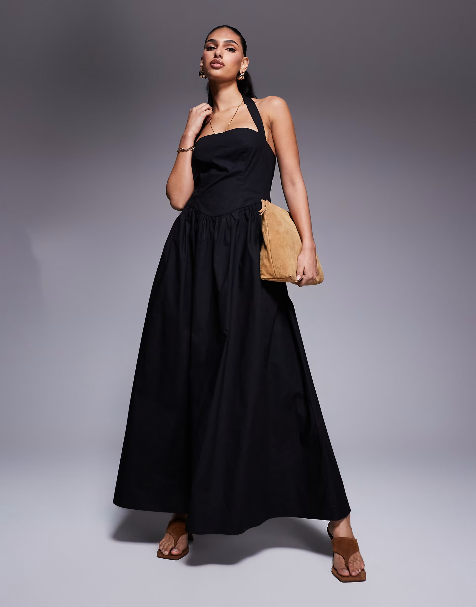 Kaiia exclusive poplin square neck halter maxi dress in black | ASOS (Global)