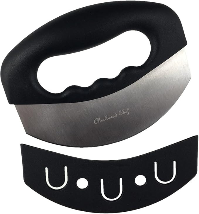 Checkered Chef Mezzaluna Chopper - Rocker Knife - Mincing Knife - Mezzaluna -Single Sharp Blade w... | Amazon (US)