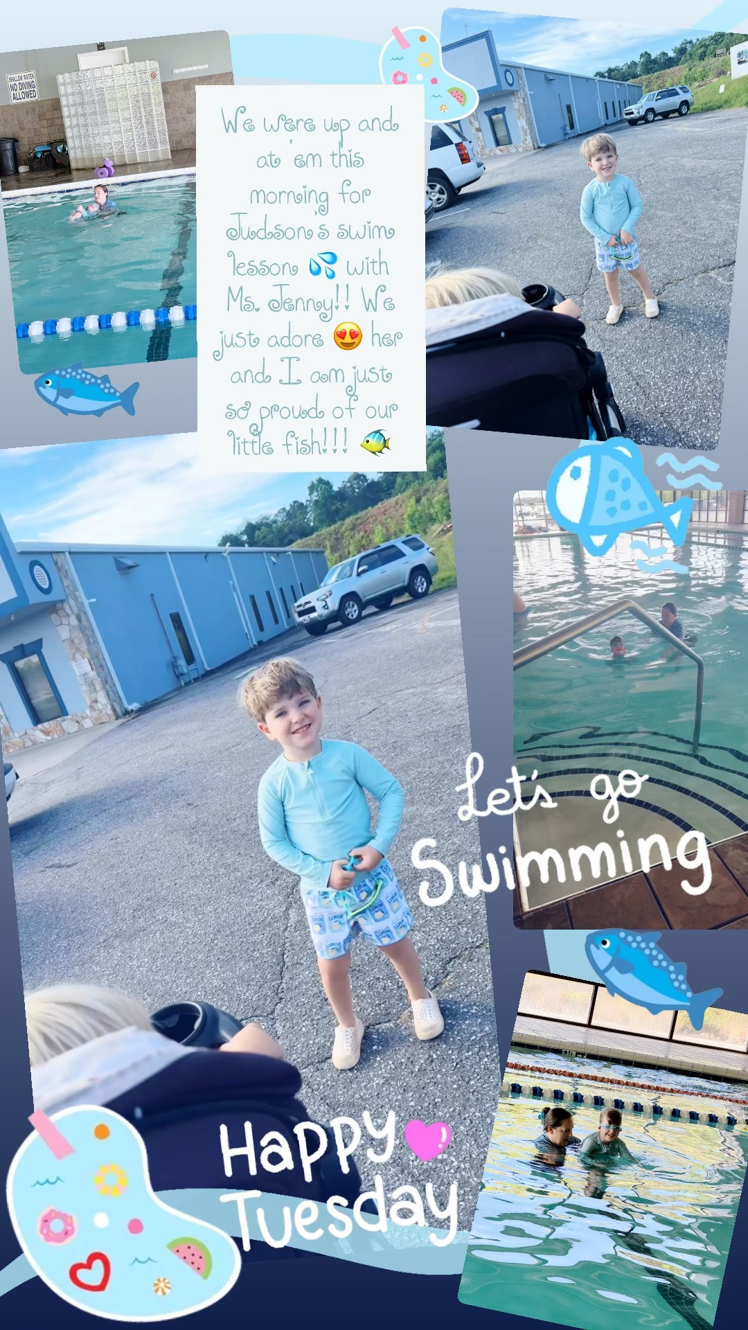We were up and at ‘em this morning for Judson’s swim lesson 💦 with Ms. Jenny!! We just adore 😍 her and I am just so proud of our little fish!!! 🐠