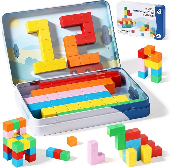 52 PCS Magnetic Blocks with Metal Box, 0.8in Mini Building Cubes Protable Travel Airplane Classro... | Amazon (US)