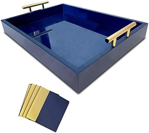 Decorative Tray with Polished Metal Handles Includes 4 Matching Coasters, Rectangular, Ottoman Servi | Amazon (US)