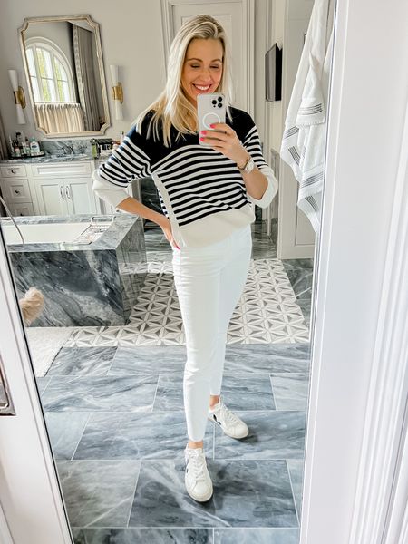 Blue and white striped sweater with white skinny jeans. My favorite jeans that don't stretch! And the leather white shoes I adore!

#LTKsalealert #LTKshoecrush #LTKstyletip