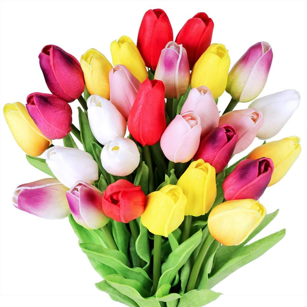 28 Pcs Multicolor Tulips Artificial Flowers Faux Tulip Stems Real Feel PU Tulips for Easter Sprin... | Amazon (US)