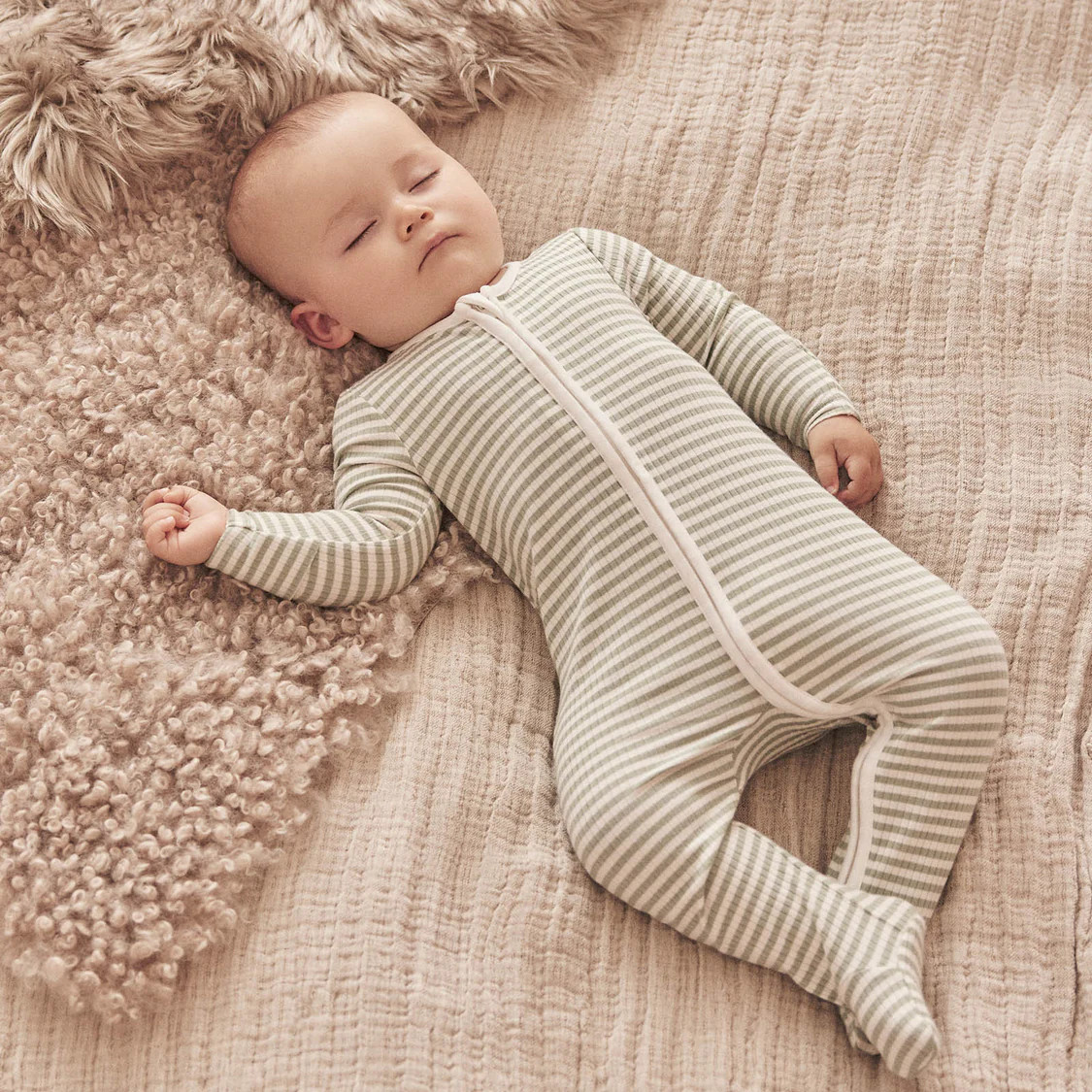 Sage Stripe Ribbed Clever Zip Footed Baby Pajamas | Baby Mori (US)