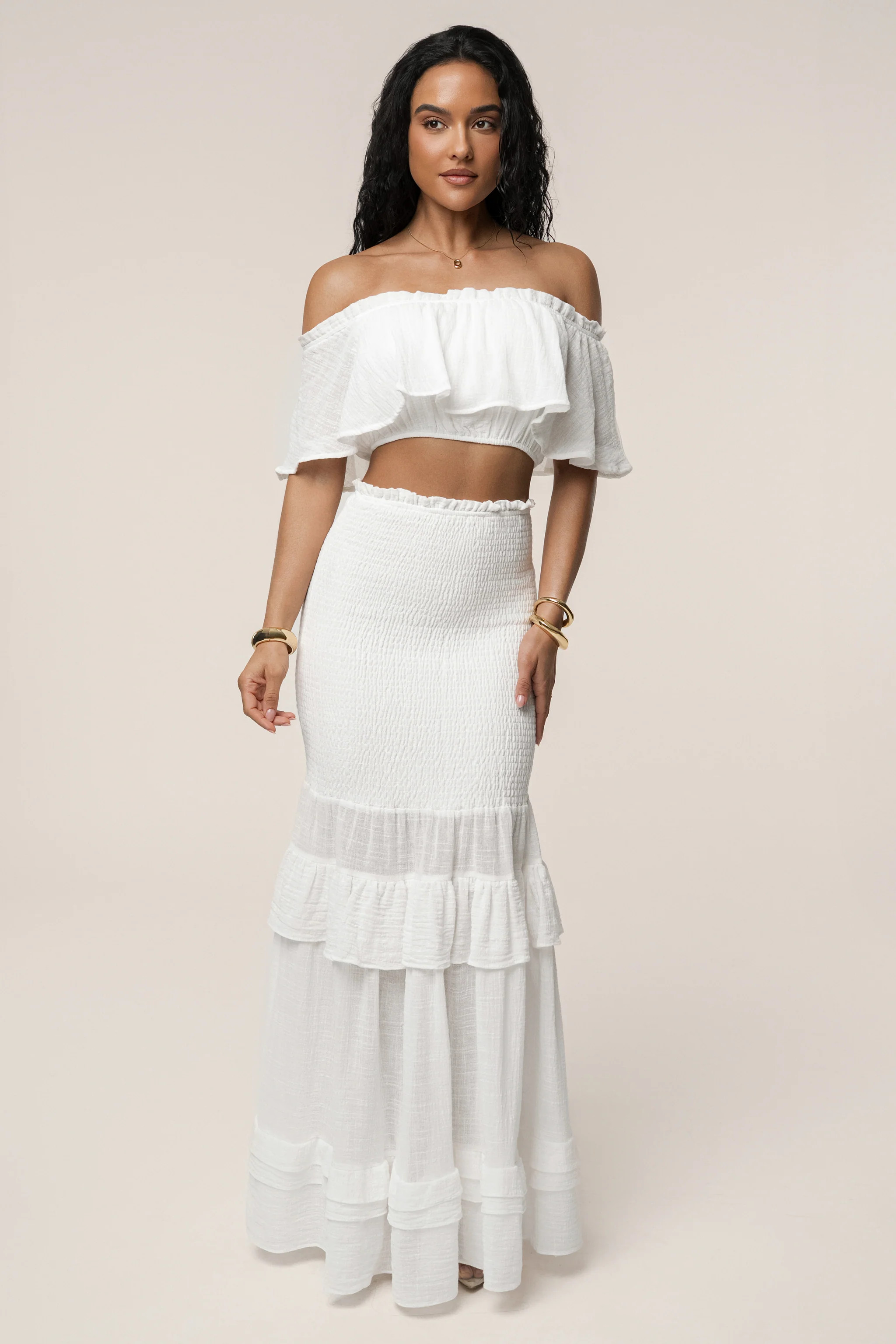 White Sienna Ruffled Skirt Set | JLUXLABEL