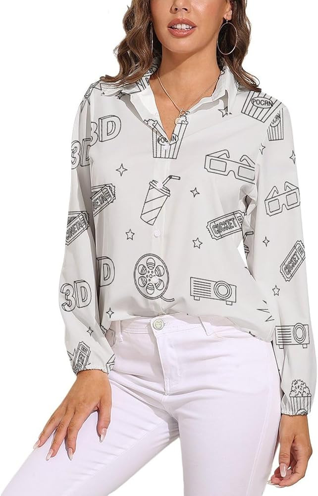 Womens Button Down Shirt Cartoon Movie Theater Shirts Long Sleeve Blouse Dressy Casual Work Tops ... | Amazon (US)