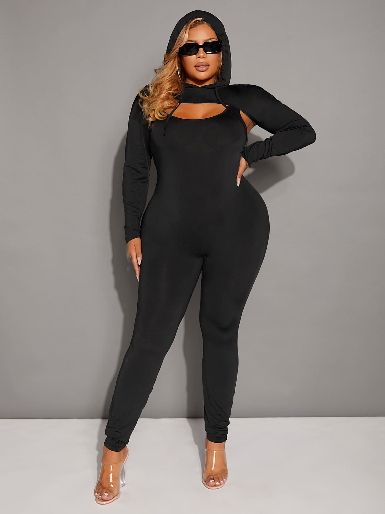 SHEIN SXY Plus Slim Fit Unitard Jumpsuit & Drawstring Hooded Super Crop Top | SHEIN