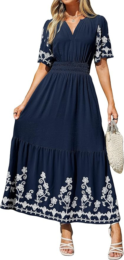 Simplee Women Summer Maxi Dress Formal Short Sleeve Embroidery Floral Boho Wedding Guest Tea Part... | Amazon (US)