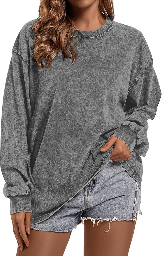 BINTEHGS Crewneck Oversized Long Sleeve Shirts for Women Loose Fit Vintage Acid Wash Tshirt Basic... | Amazon (US)