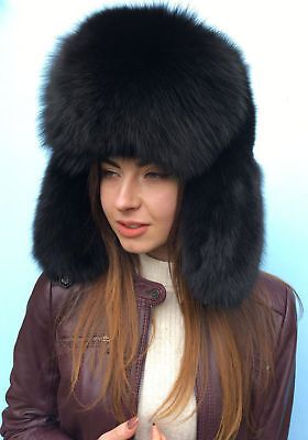 Fox Fur Full Hat Trapper Aviator Hat Jet Black Fur Hat Saga Furs Adjustable  | eBay | eBay US