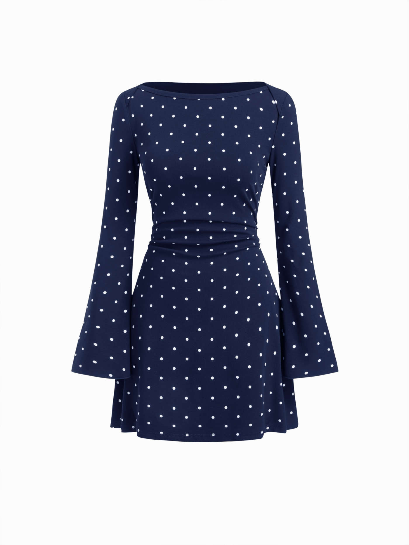 Cotton-blend Boat Neck Polka Dot Ruched Bell Sleeve Mini Dress | Cider