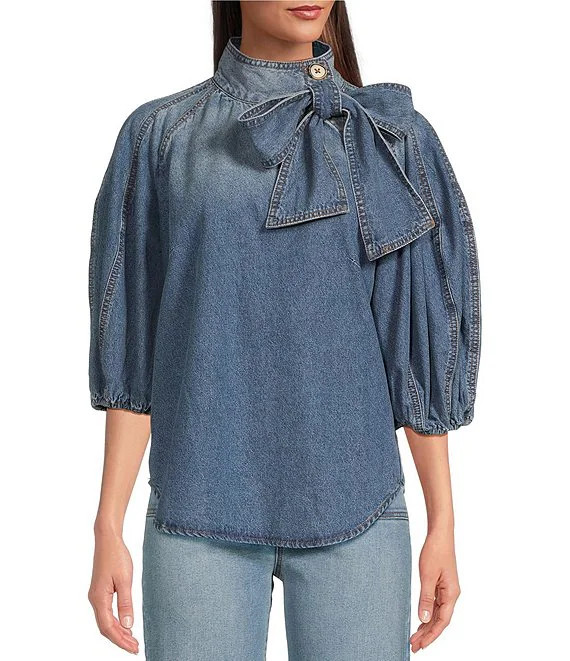 A Loves A Denim 3/4 Puffed Sleeve Pleated Shoulder Tie Neck Denim Top | Dillard's | Dillard's