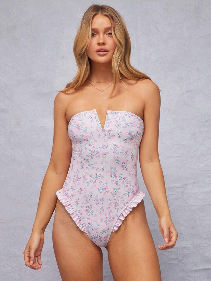 WESTFADE Summer Ditsy Floral Printed Strapless Cut Out Ruffle High Cut Leg Cheeky Coverage One Piece Swimsuit Spring Beach Monokini Outfit | SHEIN