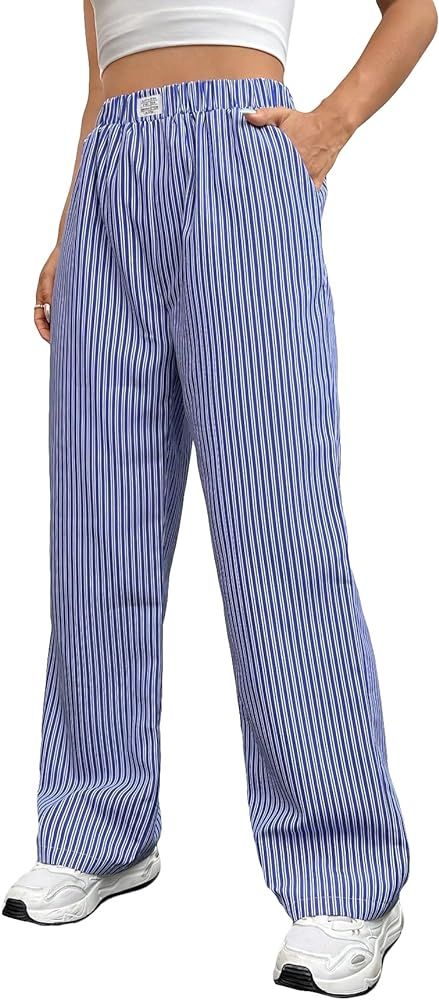 OYOANGLE Women's Straight Wide Leg Trousers Striped Print Letter Patched Detail High Waist Y2K Fa... | Amazon (US)