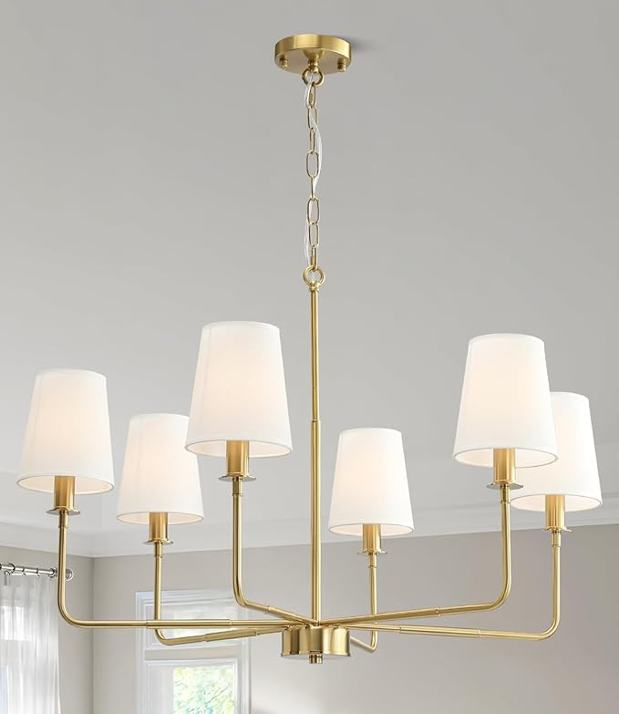 6-Light Classic Chandelier with Brushed Gold Finish & Linen Shades, E12 Base Rustic Ceiling Light... | Amazon (US)
