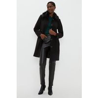 Black Faux Fur Collar Button Detail Pea Coat | Debenhams UK