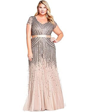Adrianna Papell Women's Plus Size Floor Length Beaded Cap Sleeve V-Neck Dress | Amazon (US)
