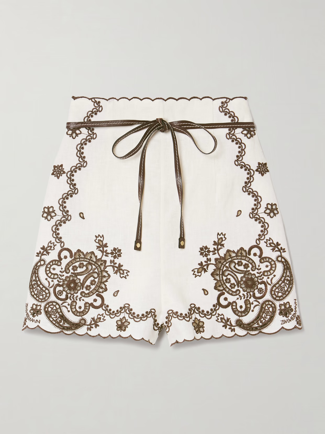 Zimmermann - Ascension Leather-trimmed Broderie Anglaise Linen Shorts - Cream | NET-A-PORTER (US)