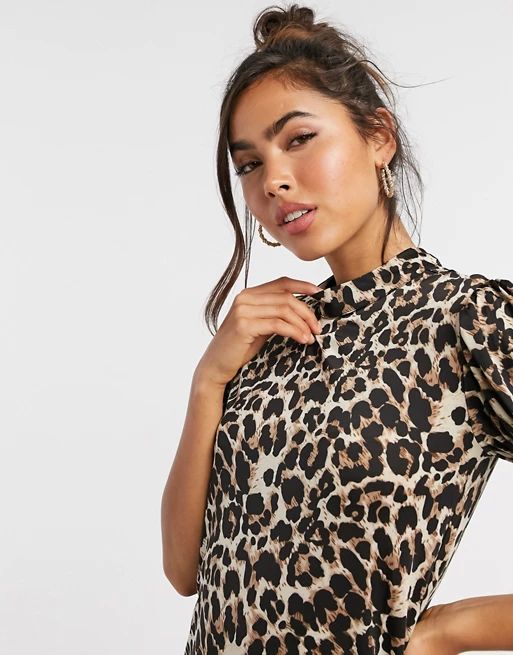 Vila high neck top with cuffed sleeve in leopard print | ASOS (Global)