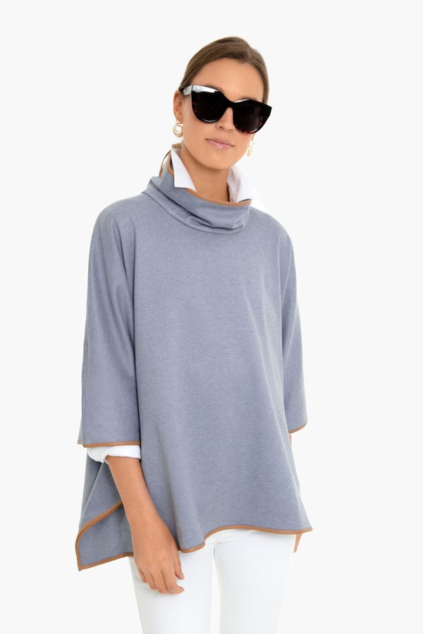 Slate Blue Leather Trim Funnel Neck Piper Poncho | Tuckernuck (US)