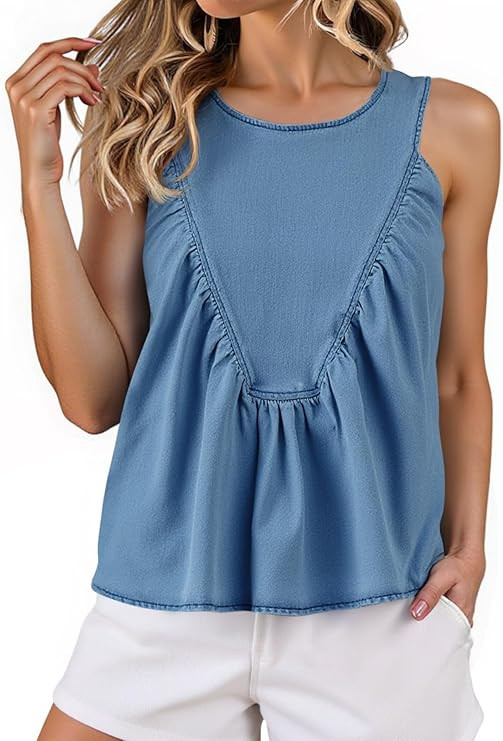 Cicy Bell Womens Babydoll Peplum Denim Tank Tops Loose Fit Swing Flowy Shirred Sleeveless T Shirt... | Amazon (US)
